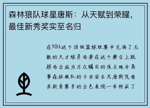 森林狼队球星唐斯：从天赋到荣耀，最佳新秀奖实至名归