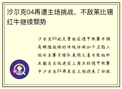 沙尔克04再遭主场挑战，不敌莱比锡红牛继续颓势