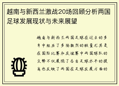越南与新西兰激战20场回顾分析两国足球发展现状与未来展望